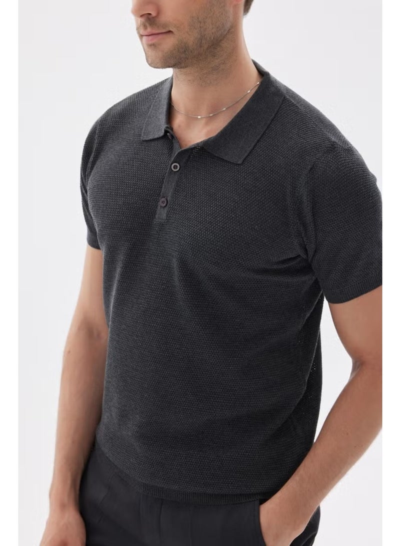 Odelon Men's Polo Neck Jacquard Knitwear T-Shirt Anthracite - Image 3